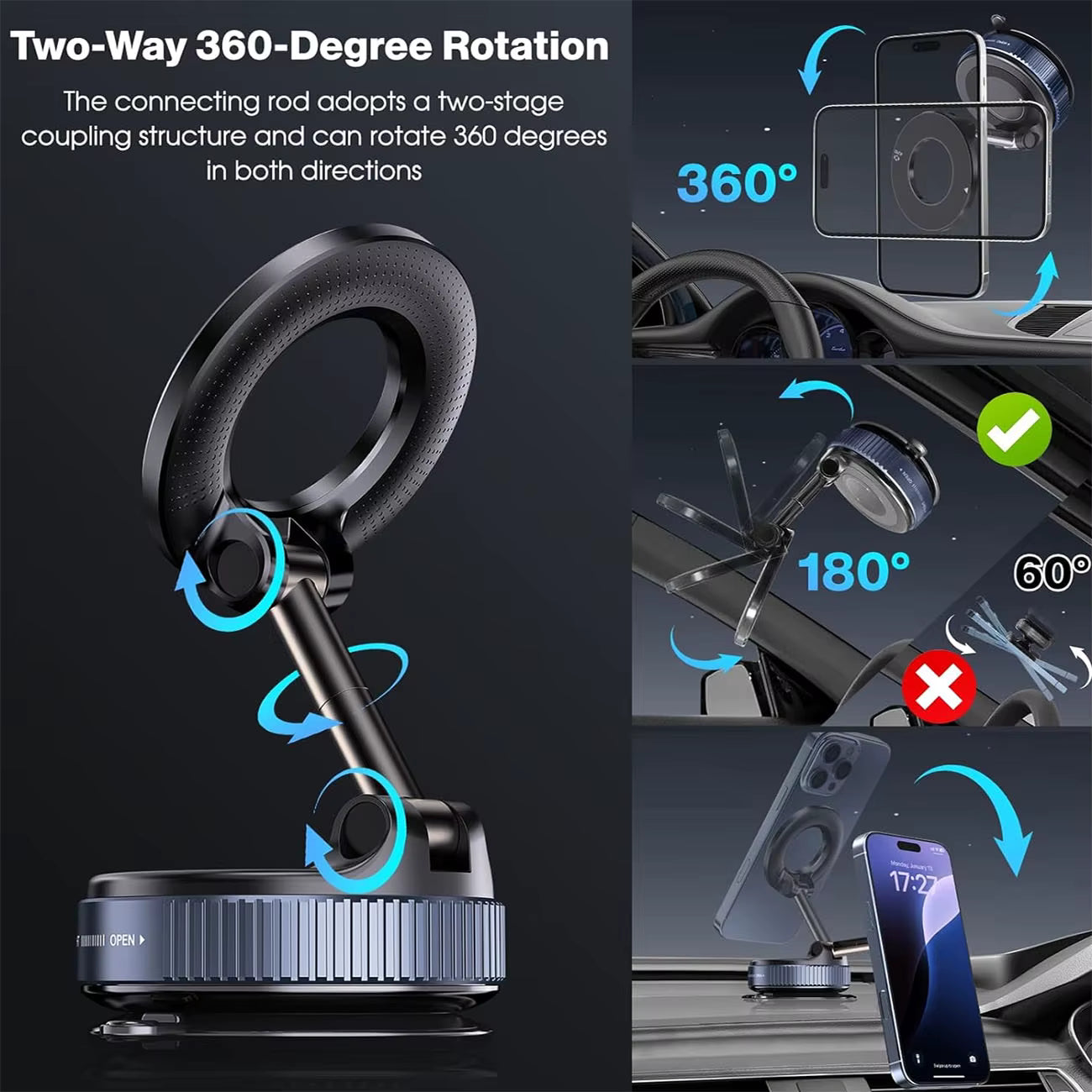 Magnetic Suction Cup Phone Mount for Magsafe 360° Adjustable Magnetic Car Phone Holder Pocket Size Foldable Car Mount